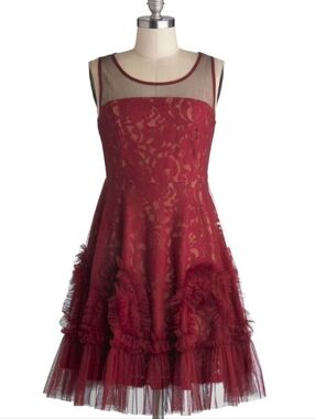 Modcloth Ryu Red Lace Dress with Illusion Neckline